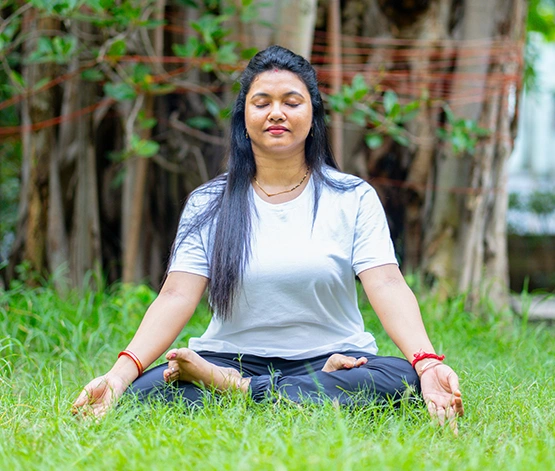 A student at Nabatara practicing Yoga Sadhana Kriya guided by Gaurav Tribedi to activate kundalini chakra points for a profound and lasting deep spiritual awakening experience.