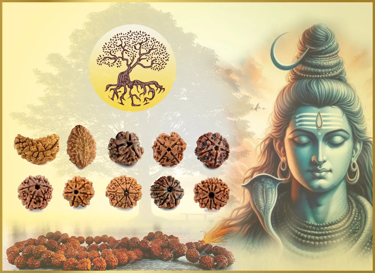 Range of Rudraksha beads showing different Mukhi faces and sizes for spiritual practices