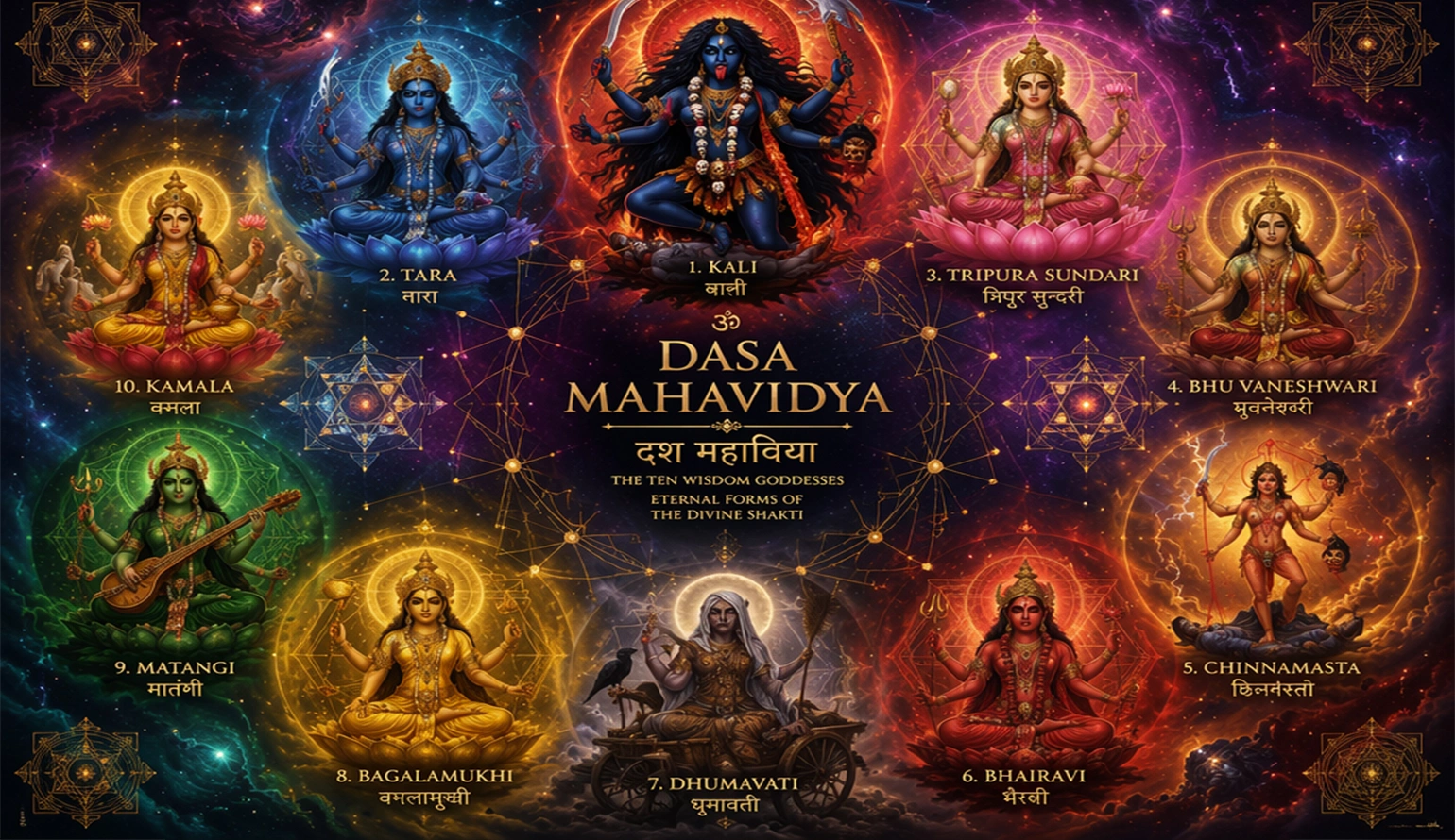 Sacred illustration of the Dasa Mahavidya ten wisdom goddesses in traditional Tantric style representing divine consciousness at Nabatara Foundation