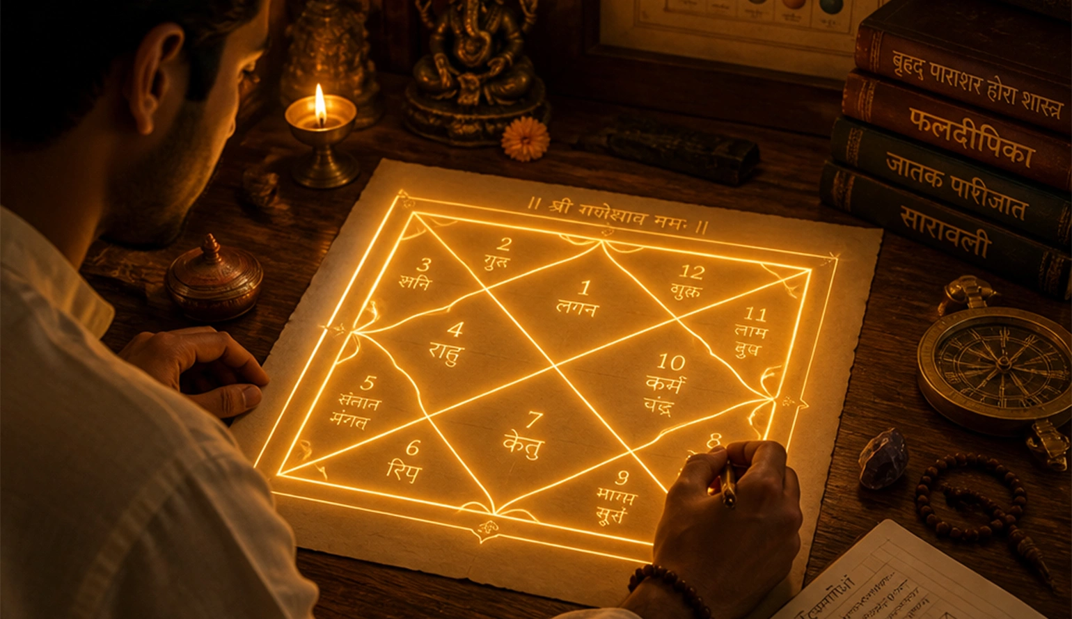 Beginner learning to read Kundali chart with Vedic astrology principles at Nabatara Foundation