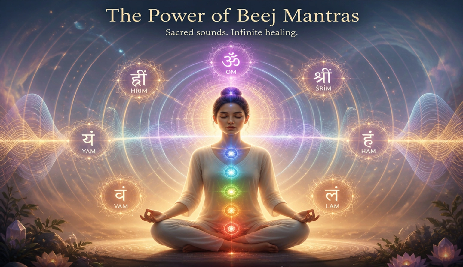 Illustration of sacred Beej Mantras creating healing sound frequencies for mind and body balance at Nabatara Foundation