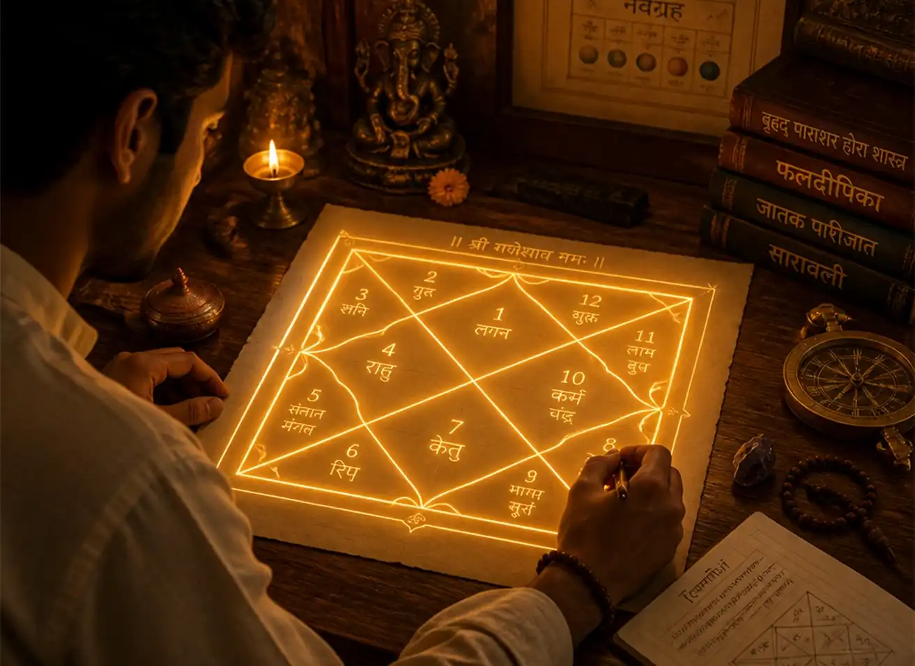 Beginner learning to read Kundali chart with Vedic astrology principles at Nabatara Foundation