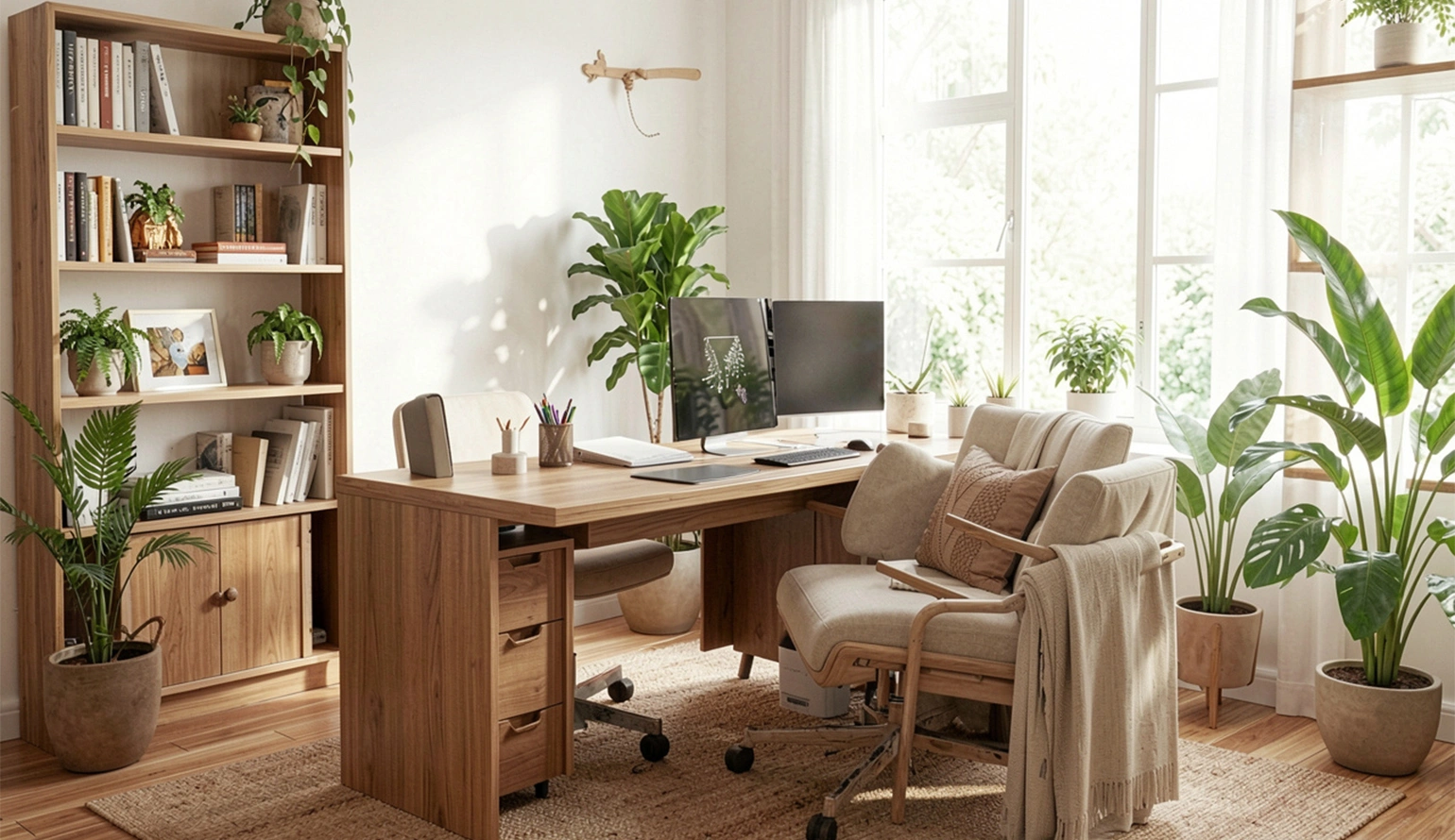A serene and organized home office designed according to Vastu Shastra principles for maximum productivity and peace, presented by Nabatara Foundation.